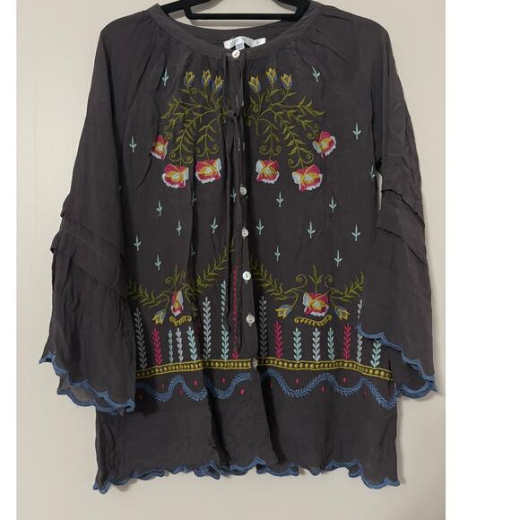 Kyla Seo Size Small Button Up Tie Front Boho Embroidered Ruffle Sleeve Shirt - Picture 1 of 6